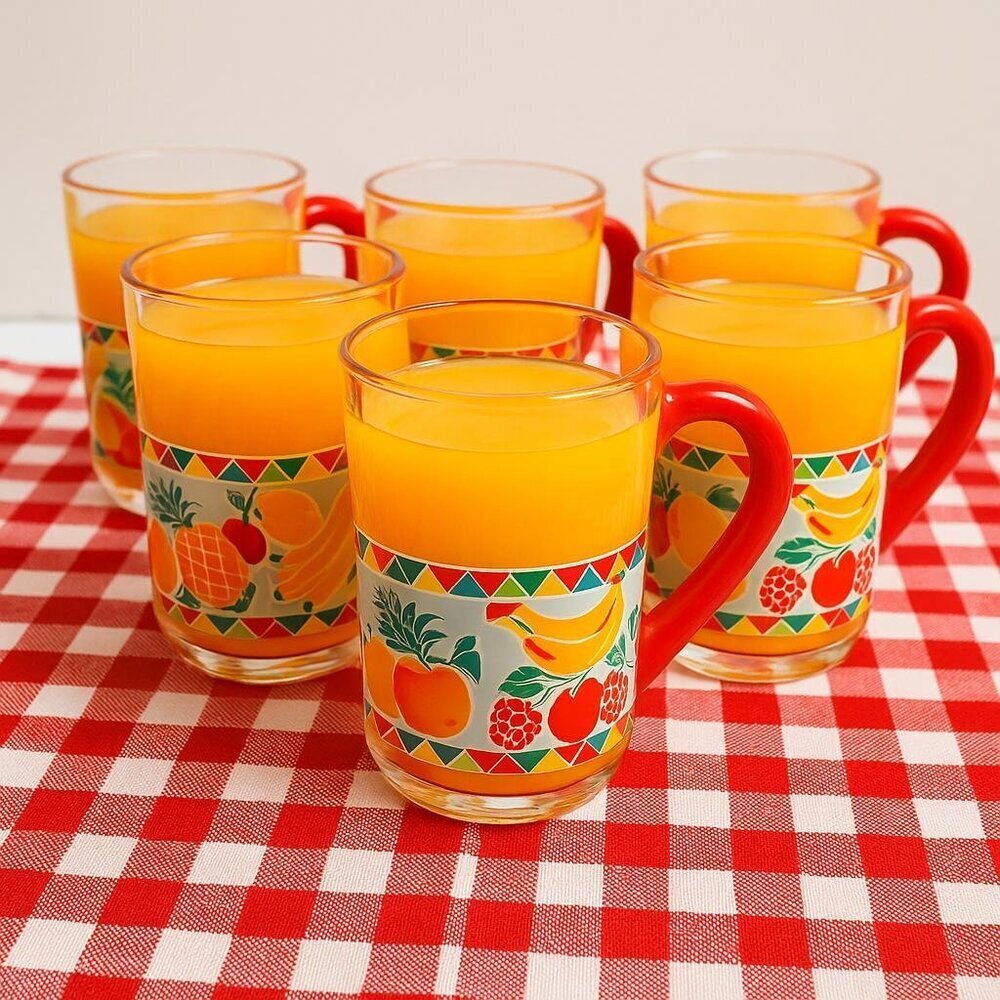 Set of 6 Vintage Glass Mugs – Red Handles with Fruit Motif Design